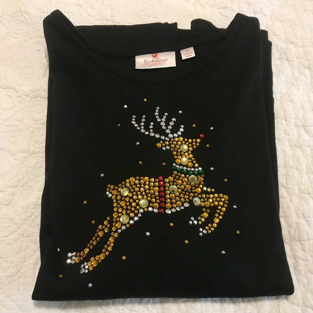 QF 3/4 sleeve black Christmas top— sparkly rhinestone Rudolph (1X) Cute!!